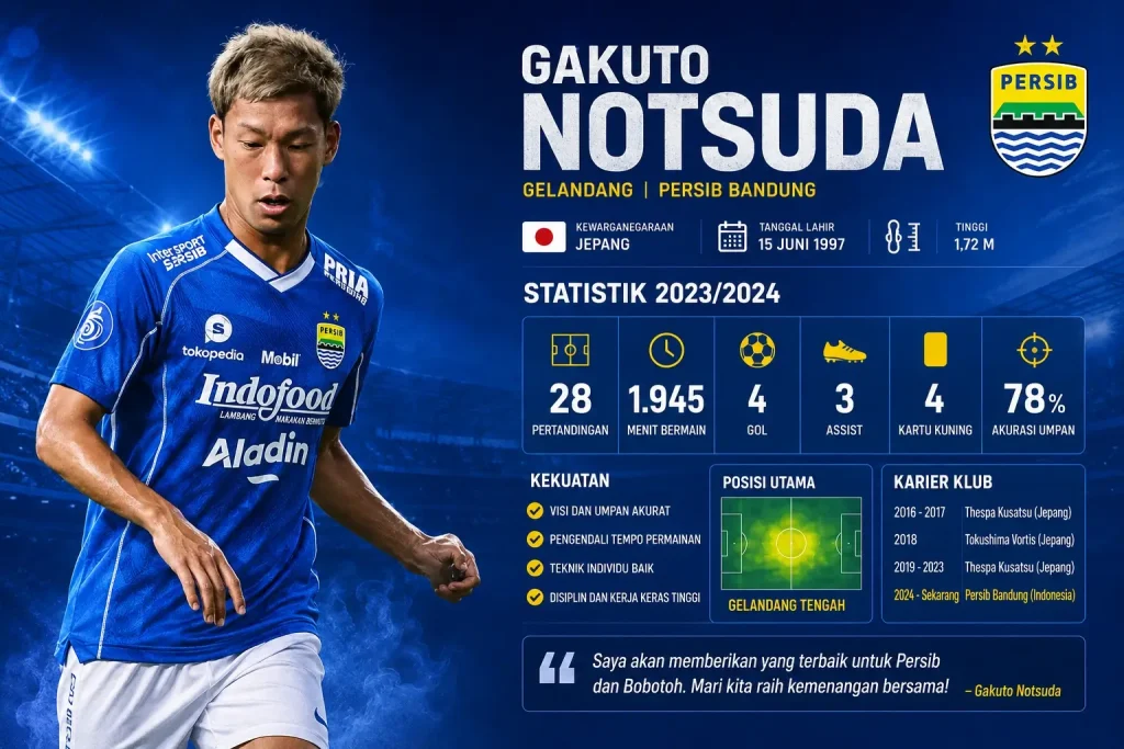 Profil dan Statistik Gakuto Notsuda Gelandang Baru Persib Bandung