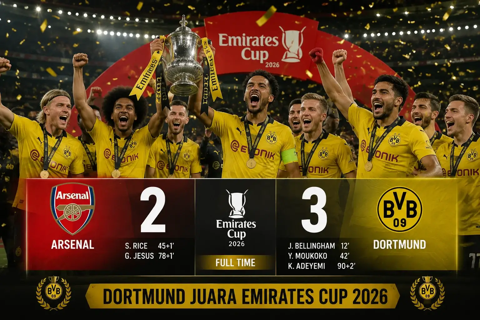 Arsenal vs Dortmund: Hasil, Skor 2-3 dan Dortmund Juara Emirates Cup 2026